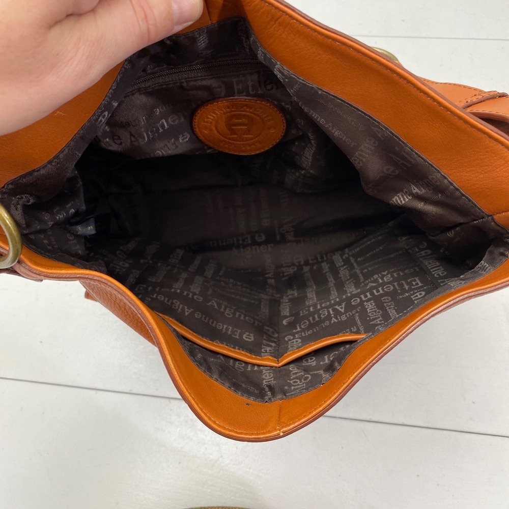 Etienne Aigner Leather Shoulder Bag Large Cognac Orange Brown Hobo Pocket Purse - Picture 9 of 16